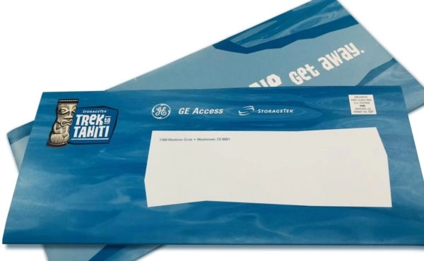 direct mail sample envelope with blue branding