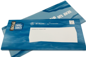 direct mail sample envelope with blue branding