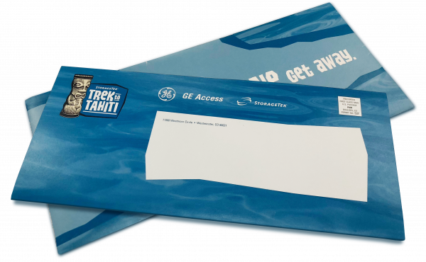 direct mail sample envelope with blue branding