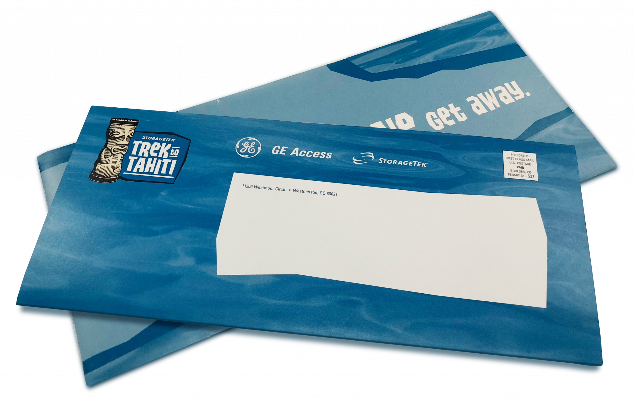 direct mail sample envelope with blue branding