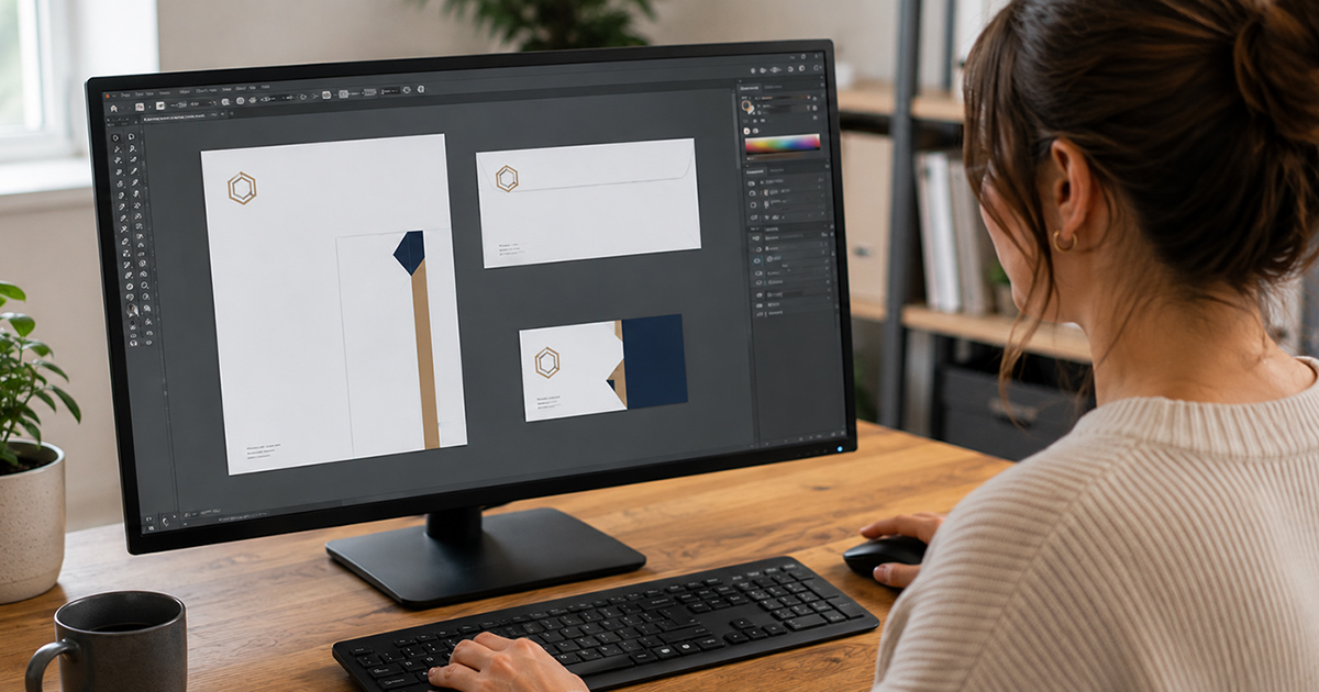 Woman designing business card and stationary file setup for print.